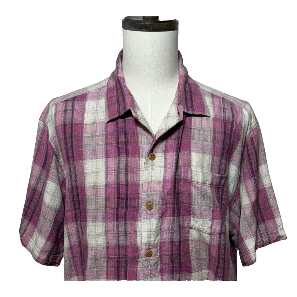 Tommy Bahama Shirt Mens XL 100% Silk Pink Ivory Plaid Short Sleeve Beachy